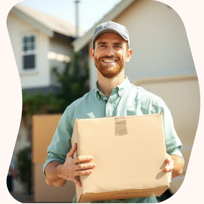 Two removalists moving boxes up stairs