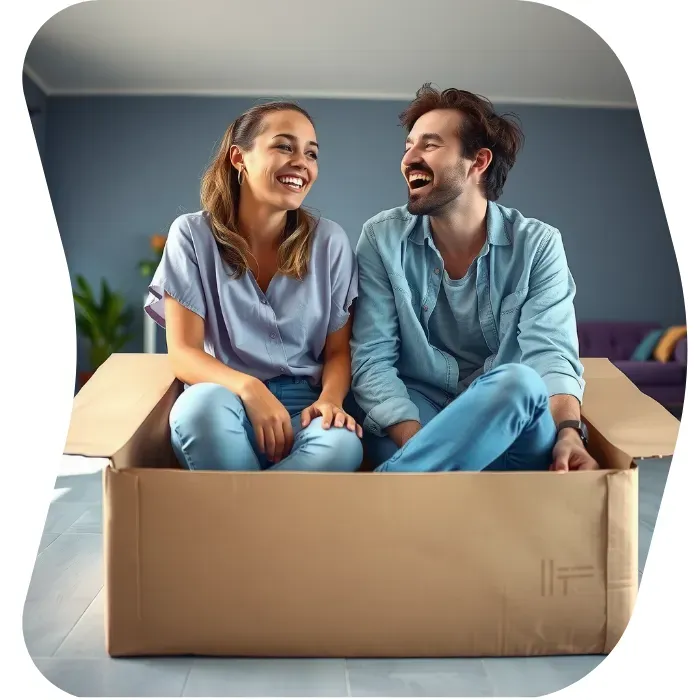 Two guys sitting on the floor of their apartment with Muval moving boxes